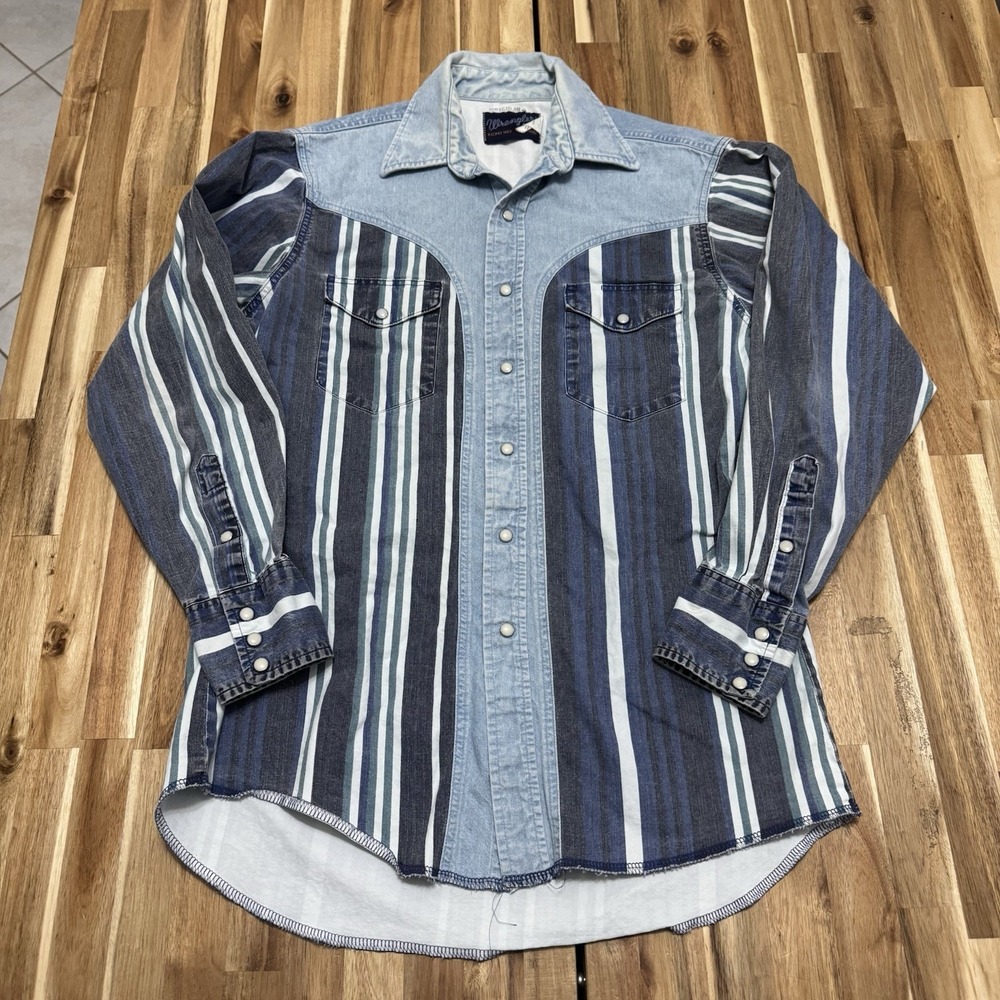 Vintage Wrangler Brushpopper Shirt Mens M Denim Striped Peral Snap Western 90s